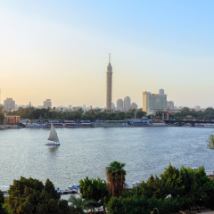 Cairo Tower, Cairo on the Nile, Egypt, with the Nile River view, Sunset.
