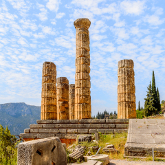 Apollo Temple in Delphi, an archaeological site in Greece, at the Mount Parnassus. Delphi is famous by the oracle at the sanctuary dedicated to Apollo. UNESCO World heritage