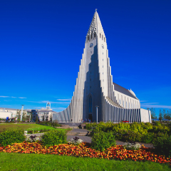 Hallgrimskirkja Cathedral in Reykjavik, Iceland, lutheran parish church, exterior in a sunny summer day with a blue sky