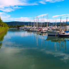 Small sailboats in the harbor in Port Douglas, Australia