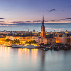 Scenic summer night panorama of the Old Town (Gamla Stan) architecture in Stockholm, Sweden