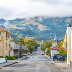 Coast and french village of Akaroa, New Zealand, South Island.