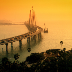 The Bandra-Worli Sea Link, also called Rajiv Gandhi Sea Link at dusk. It is a cable-stayed vehicular bridge that links Bandra in the northern suburb of Mumbai with Worli in South Mumbai. 