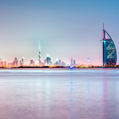 Dubai skyline at dusk, UAE.