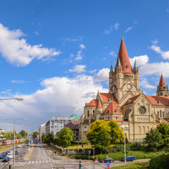 Vienna city skyline at Saint Francis of Assisi Church, Vienna, Austria