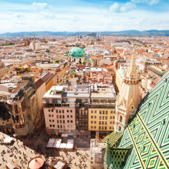 View from St. Stephen's Cathedral over Stephansplatz square in Vienna, capital of Austria on sunny day