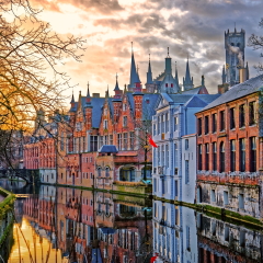 Canals of Bruges (Brugge), Belgium. Winter evening view.