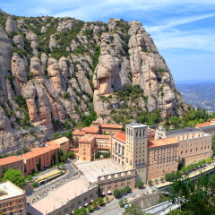 Large buildings of Santa Maria de Montserrat Abbey (Montserrat Monastery) in Catalonia, Spain