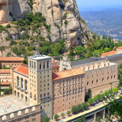 Large buildings of Santa Maria de Montserrat Abbey (Montserrat Monastery) in Catalonia, Spain