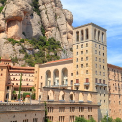 Large buildings of Santa Maria de Montserrat Abbey (Montserrat Monastery) in Catalonia, Spain