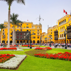 LIMA, PERU-JANUARY 31: Plaza Mayor in Historic Center on January 31,2015 in Lima, Peru. It is surrounded by the Government Palace, Cathedral, Archbishop's and Municipal Palaces and Palace of the Union
