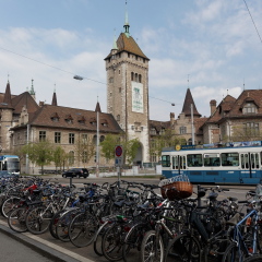 Zurich, Switzerland: May 03, 2016: Cityscape with traffic view of Swiss National museum (Landesmuseum) in Zurich, Switzerland.