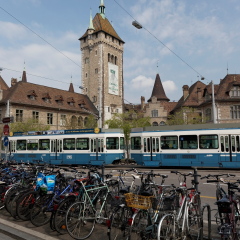Zurich, Switzerland: May 03, 2016: Cityscape with traffic view of Swiss National museum (Landesmuseum) in Zurich, Switzerland.