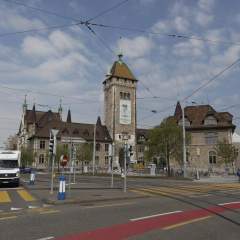 Zurich, Switzerland: May 03, 2016: Cityscape with traffic view of Swiss National museum (Landesmuseum) in Zurich, Switzerland.