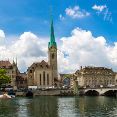 Clock tower of the Fraumunster cathedral in historical part of Zurich in a beautiful summer day, Switzerland