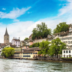 Clock tower of the Fraumunster cathedral in historical part of Zurich in a beautiful summer day, Switzerland