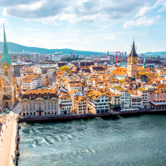 Aerial panoramic cityscape view on the old town of Zurich city in Switzerland