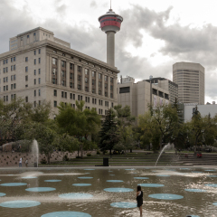 Calgary, Alberta/Canada - August 30, 2015: The Olympic Plaza (with the Calgary Tower visible) on a cloudy day in Calgary, Alberta.
