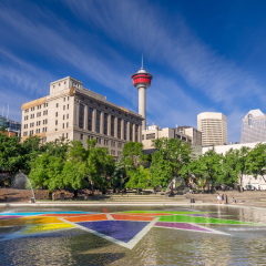 CALGARY, CANADA - JUNE 3: Special installation Canada painting celebrating Canada's 150 birthday on June 3, 2017 in Calgary, Alberta. The colourful maple leaf symbol is located at Olympic Plaza..