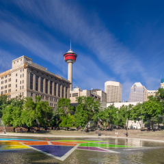 CALGARY, CANADA - JUNE 3: Special installation Canada painting celebrating Canada's 150 birthday on June 3, 2017 in Calgary, Alberta. The colourful maple leaf symbol is located at Olympic Plaza..