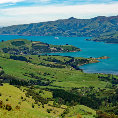 Overlook of scenic Akaroa harbor in the Banks Peninsula, Canterbury, South Island, New Zealand
