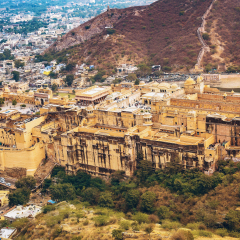 Amber Fort aerial view with Jaipur city scape as seen from the top of Jaigarh Fort Jaipur Rajasthan