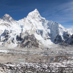 panoramic view of Mount Everest with beautiful sky and Khumbu Glacier - way to Everest basecamp - Nepal 