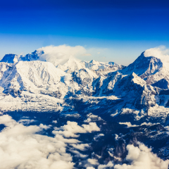 Himalaya Everest range view from mountain flight with Mt Everest and Makalu