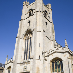 CAMBRIDGE, UK - JULY 18TH 2016: Looking up at the facade of the Church of St. Mary the Great in Cambridge, on 18th July 2016.
