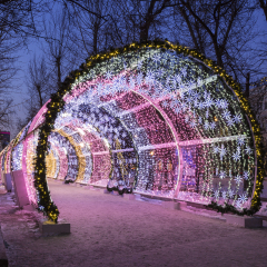 MOSCOW, RUSSIA - JANUARY 14, 2016: Christmas night on Tverskoy Boulevard in Moscow. Glowing decorative tunnel