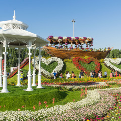 DUBAI, UAE UNITED ARAB EMIRATES - JAN 6, 2017:  Traditional arabian wooden boat decorated with flowes at Dubai Miracle Garden