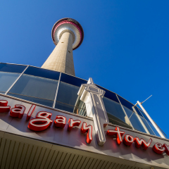 CALGARY, CANADA - JULY 1: External facade of the landmark Calgary Tower on July 1, 2014 in Calgary, Alberta. The  Calgary Tower is Calgary's most famous landmark with a revolving restaurant at top. 
