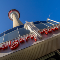 CALGARY, CANADA - JULY 1: External facade of the landmark Calgary Tower on July 1, 2014 in Calgary, Alberta. The  Calgary Tower is Calgary's most famous landmark with a revolving restaurant at top. 