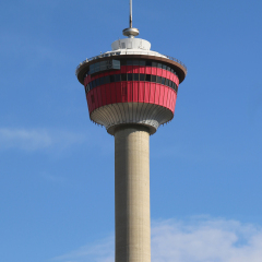 CALGARY, ALBERTA - JULY 29: Calgary Tower on July 29, 2014. The Calgary Tower is a 191-metre free standing observation tower in Downtown Calgary, Alberta, Canada