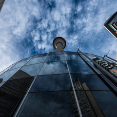 Calgary, Alberta, Canada - February 16 2017: Looking up at the Calgary Tower downtown
