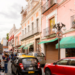 PUEBLA, MEXICO - OCT 30, 2016: Architecture of historic centre of Puebla, Mexico. The city was founded in 1531 in an area called Cuetlaxcoapan