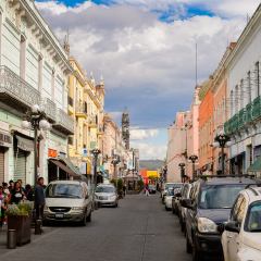 PUEBLA, MEXICO - OCT 30, 2016: Architecture of historic centre of Puebla, Mexico. The city was founded in 1531 in an area called Cuetlaxcoapan
