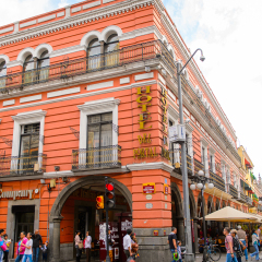 PUEBLA, MEXICO - OCT 30, 2016: Architecture of historic centre of Puebla, Mexico. The city was founded in 1531 in an area called Cuetlaxcoapan
