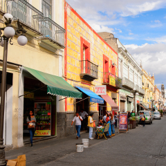 PUEBLA, MEXICO - OCT 30, 2016: Architecture of historic centre of Puebla, Mexico. The city was founded in 1531 in an area called Cuetlaxcoapan