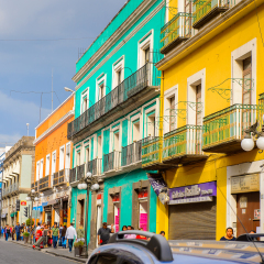 PUEBLA, MEXICO - OCT 30, 2016: Architecture of historic centre of Puebla, Mexico. The city was founded in 1531 in an area called Cuetlaxcoapan