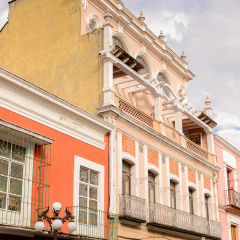 PUEBLA, MEXICO - OCT 30, 2016: Architecture of historic centre of Puebla, Mexico. The city was founded in 1531 in an area called Cuetlaxcoapan