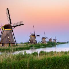 Sunset over Kinderdijk windmills