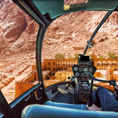 Helicopter cockpit aerial view of the Monastery of St. Catherine, the oldest Christian Monastery located on the slopes of Mount Horeb, Sinai Peninsula in Egypt.