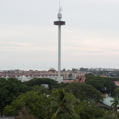 Malacca City, Malaysia - March 31, 2017: Revolving gyro tower called Taming Sari Tower. In 2008 the city was listed as a UNESCO World Heritage Site for its long history.