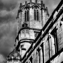Tom Tower in Oxford low angle Fine Art HDR black and white high contrast Elegant 17th-century bell tower over the Tom Gate, the main entrance to Christ Church College
