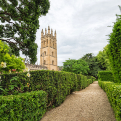 OXFORD, UNITED KINGDOM - JULY 09, 2016: Oxford Botanic Garden with University tower in Oxford, UK. The garden was founded in 1621, placed along High Street.