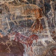 Satukunda Rock Paintings. Just 24 km fom Bhopal, Satkunda has around 5000 year old rock art. Contemporary in quality and age the world Heritage site of Bhim Baithika in the east of Bhopal.