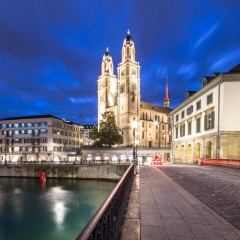 Night view on Grossmuenster in Zurich, Switzerland