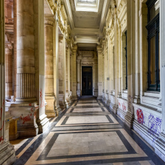 Brussels, Belgium - May 11, 2017: Justice Palace (Palais de Justice) in Brussels, Belgium. The eclectic and neoclassical style building serves as the headquarters of several important law courts.