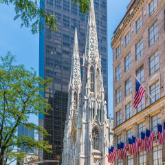 NEW YORK CITY, NEW YORK, USA - JULY 31, 2016: St. Patrick's Cathedral, decorated Neo-Gothic-style Roman Catholic cathedral church, seat of the archbishop of the Roman Catholic Archdiocese of New York.